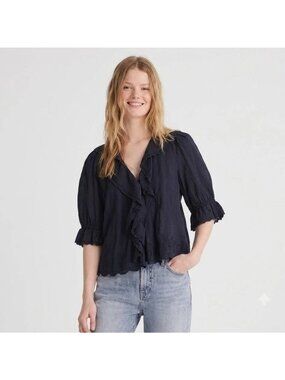Madewell Women's Blaire Top Black Ruffled Embroidered Button Size X Large NWT